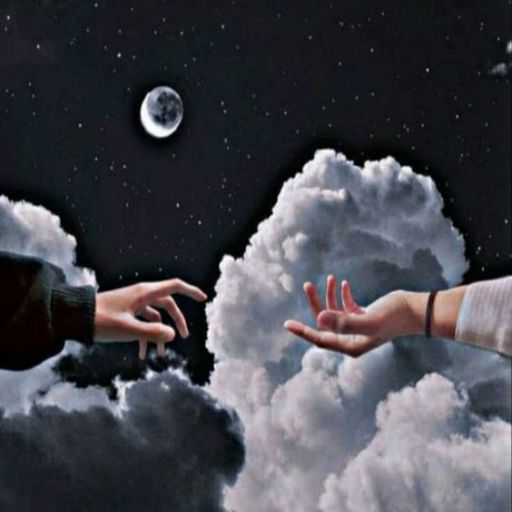 Two hands reaching out to each other among clouds with a moon in the night sky