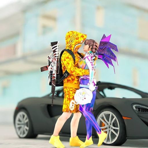 Two people in colorful costumes embracing by a black sports car