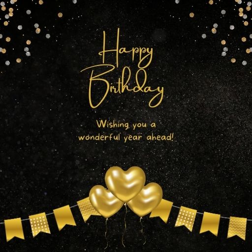 a birthday card with gold balloons and streamers