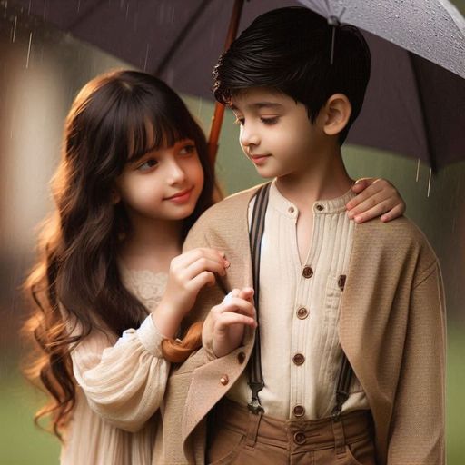 a boy and a girl standing under an umbrella