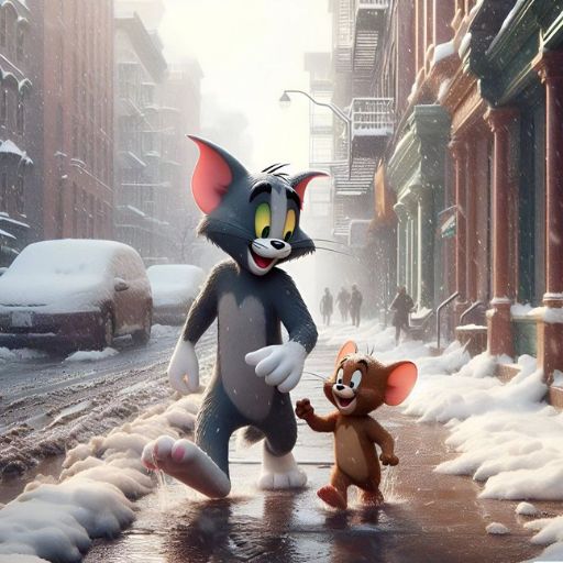 a cat and a mouse walking in the snow