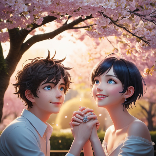 a couple holding hands under a cherry blossom tree