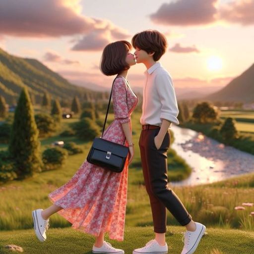 a couple kissing in a field with a river in the background