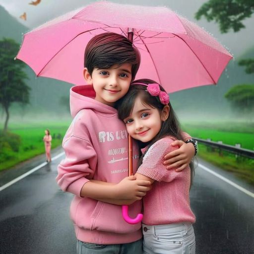 a couple of kids standing next to each other under a pink umbrella