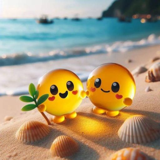 a couple of yellow balls sitting on top of a sandy beach