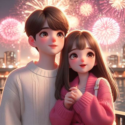 a couple standing next to each other with fireworks in the background