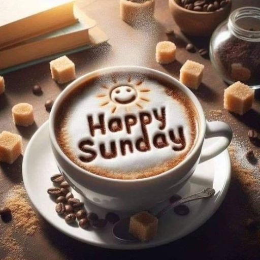 a cup of coffee with the words happy sunday written in it