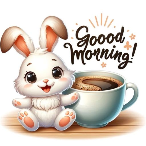 a cute bunny sitting next to a cup of coffee