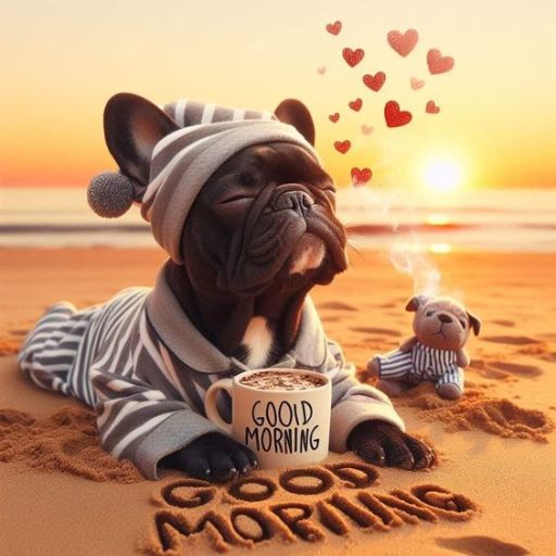 a dog is sitting on the beach with a cup of coffee