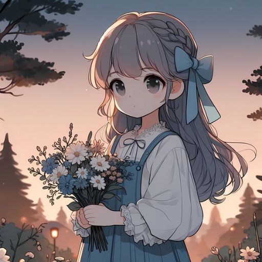 a girl in a blue dress holding a bouquet of flowers