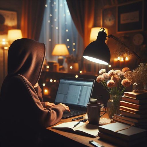 a girl photo with working a laptop and night mood