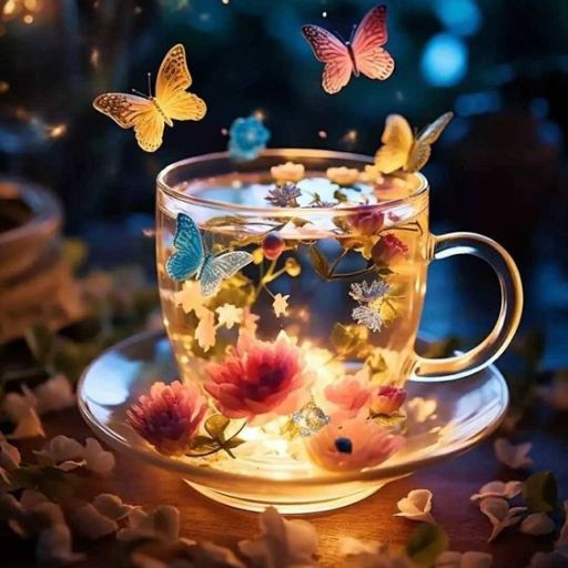 a glass cup filled with a liquid filled with butterflies