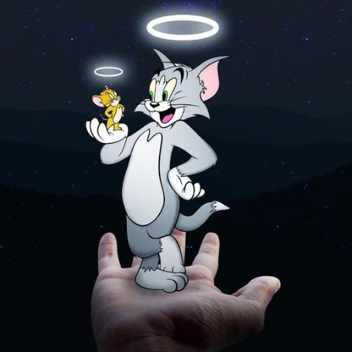 a hand holding a cartoon cat with a halo above it