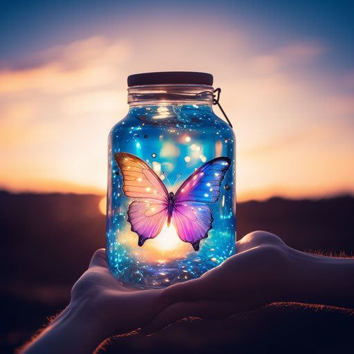 a hand holding a jar with a butterfly painted on it