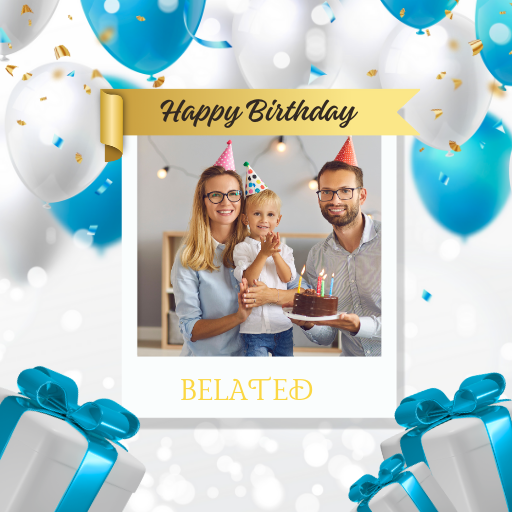 a happy birthday card with a photo of a man and a woman holding a cake