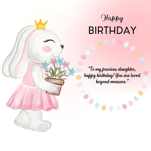 a happy birthday card with a white bunny holding a basket of flowers