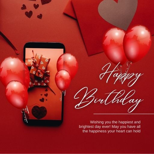 a happy birthday card with balloons and a cell phone