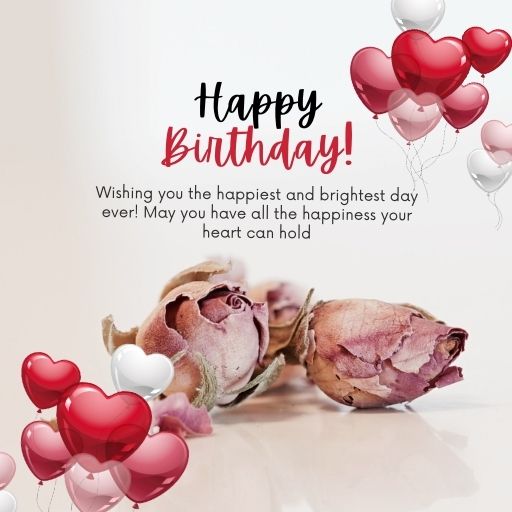 a happy birthday card with balloons and hearts