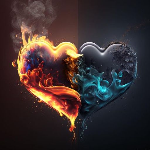 a heart shaped fire and ice on a black background