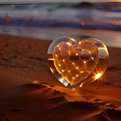 a heart - shaped object on a sandy beach at sunset