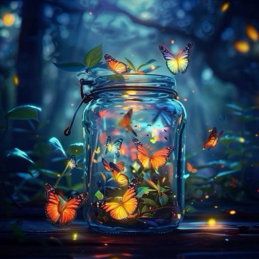 a jar filled with butterflies sitting on top of a table