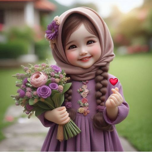 a little girl in a purple dress holding a bouquet of flowers