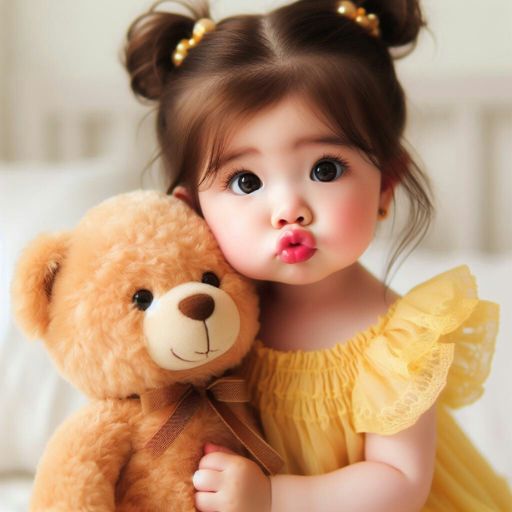 a little girl in a yellow dress holding a teddy bear