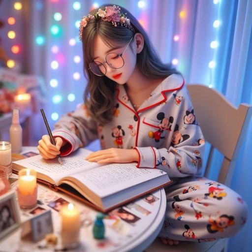 a little girl sitting at a table with a book and pen