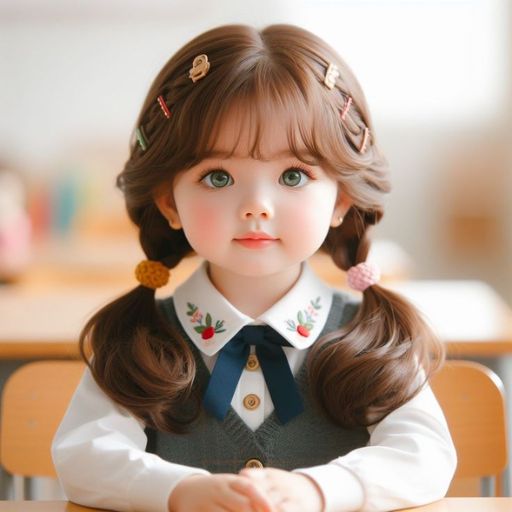 a little girl sitting at a table with her hands on her desk