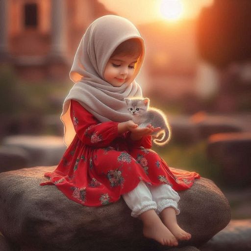 a little girl sitting on a rock with a cat