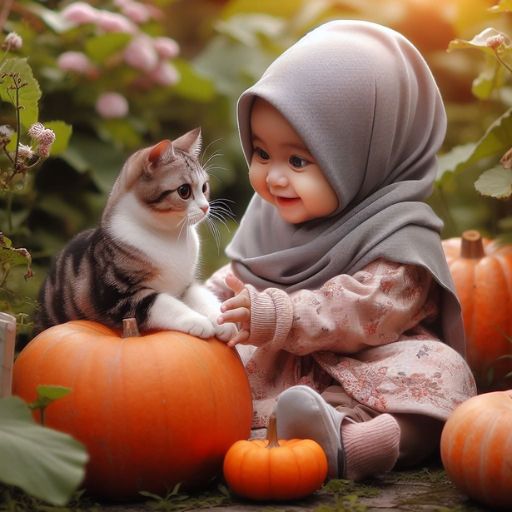 a little girl sitting on top of pumpkins with a cat