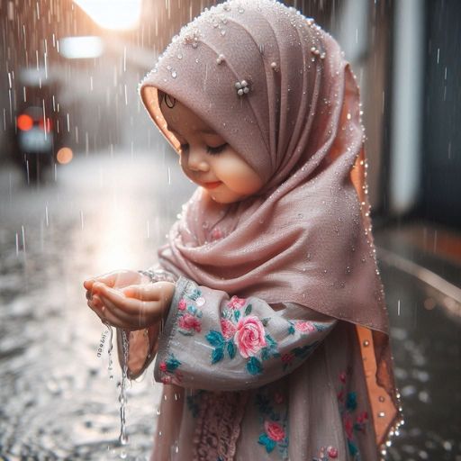 a little girl wearing a hijab and holding an umbrella in the rain