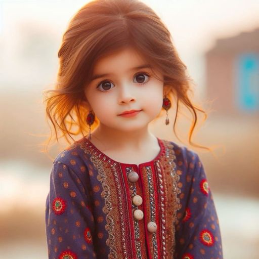 a little girl with blue eyes wearing a dress