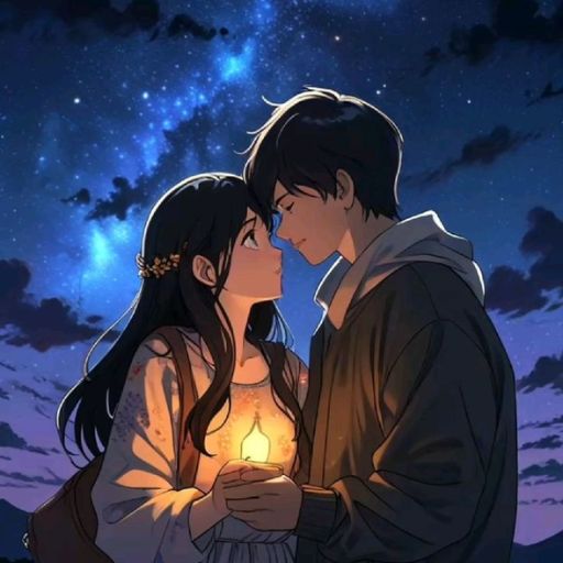 a man and a woman standing next to each other in front of a night sky