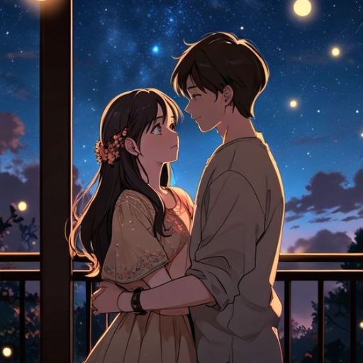 a man and a woman standing next to each other under a night sky