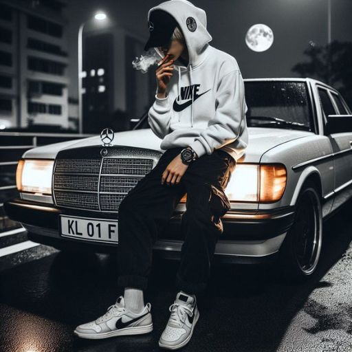 a man sitting on a car smoking a cigarette