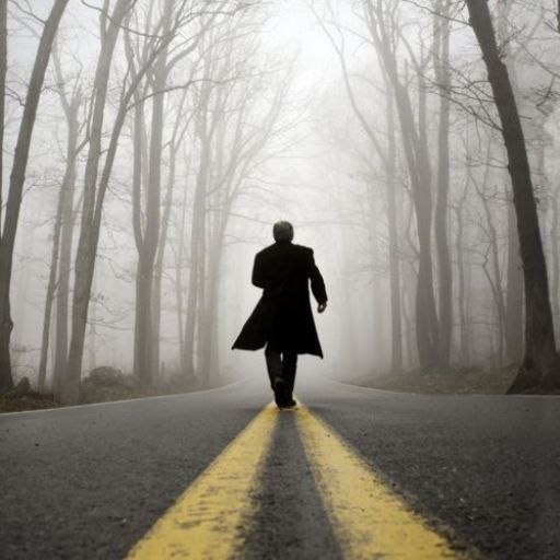 a man walking down a road in the middle of a forest