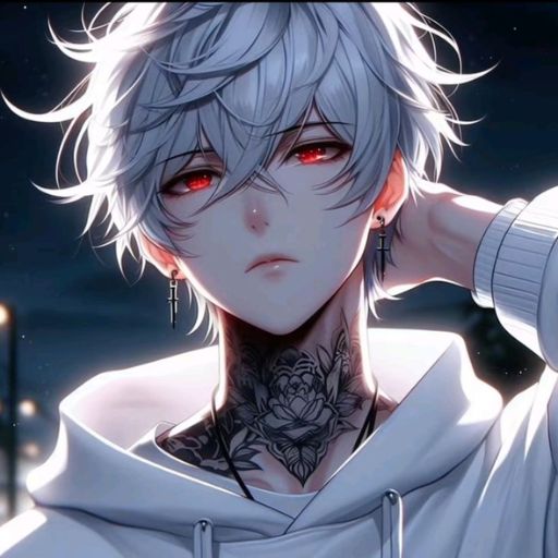 a man with white hair and red eyes wearing a hoodie