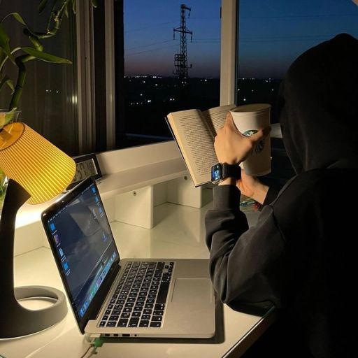 a person sitting at a desk with a laptop and a book