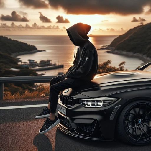 a person sitting on the hood of a car