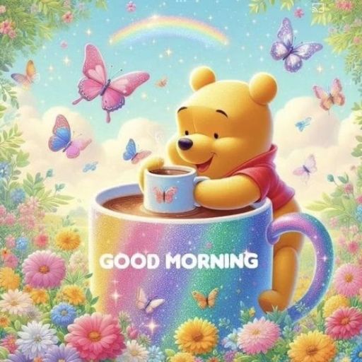 a picture of a winnie the pooh holding a cup of coffee