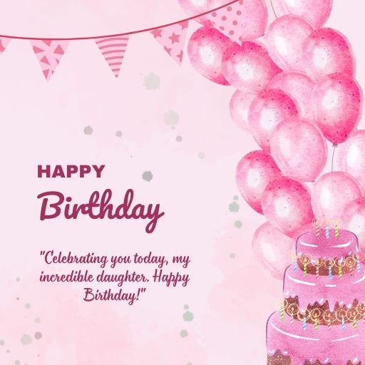 a pink birthday card with a cake and balloons