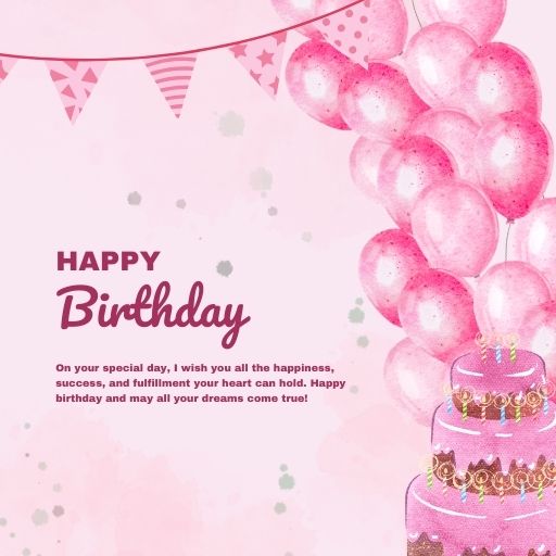 a pink birthday card with a cake and balloons