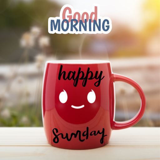 a red coffee mug with the words happy sunday written on it