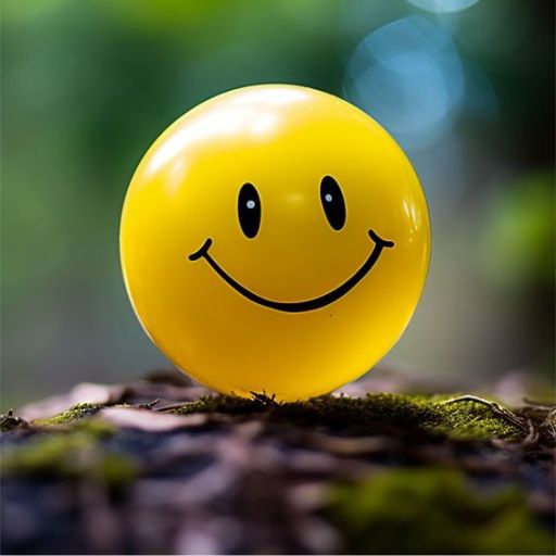 a smiley face ball sitting on top of a moss covered ground