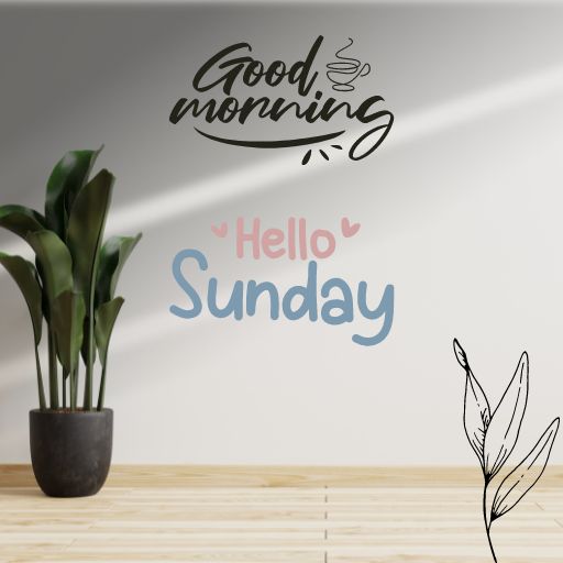 a table with a potted plant and a sign that says good morning hello sunday