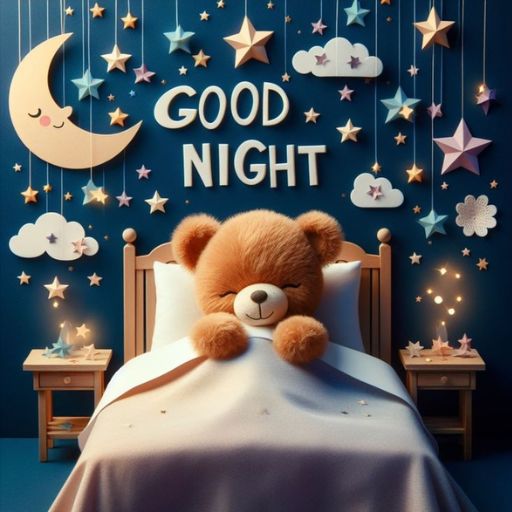 a teddy bear laying in a bed with a good night sign above it