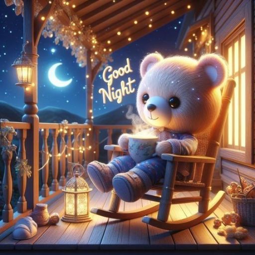 a teddy bear sitting in a rocking chair on a porch