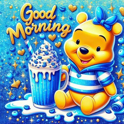 a winnie the pooh bear holding a cup of coffee