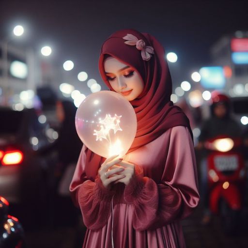 a woman in a hijab holding a balloon with a snowflake on